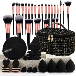 Conjunto de Pincéis de Maquiagem Estilo Chique com Fragrância, Kit de Ferramentas de Beleza, Bolsa de Cosméticos Portátil para Viagem, Puff e Acessórios de Maquiagem