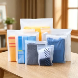 Bolsas de Armazenamento Transparentes e Flexíveis com Zíper CPE, Sacos Reutilizáveis para Roupas, Cosméticos, Lanches e Itens Pequenos