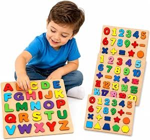 Kit 2 Tabuleiros Educativos Briquedo sem telas em Madeira, Alfabeto, Números e Formas, Colorido, Aprendizado Divertido para Crianças Pequenas