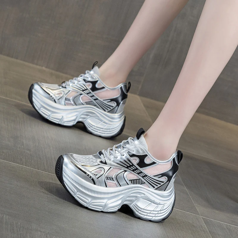Tênis Plataforma Feminino com Aumento de Altura Oculto de 8cm, Respirável, em Malha, Estilo Chunky, Moderno, Casual, para Caminhada e Esportes