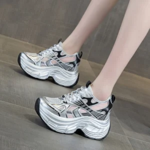 Tênis Plataforma Feminino com Aumento de Altura Oculto de 8cm, Respirável, em Malha, Estilo Chunky, Moderno, Casual, para Caminhada e Esportes