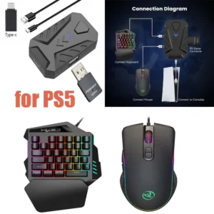 Combo de Teclado e Mouse para Jogos PS5, Conversor USB Tipo C, Conector de Computador para Controle de Console PS5, Adaptador Extensor