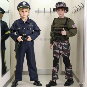 Fantasia Infantil de Policial para Cosplay, Maquiagem, Festa, Apresentação, Uniforme Camuflado Unissex, Fantasia para o Dia Mundial do Livro e Palco Escolar