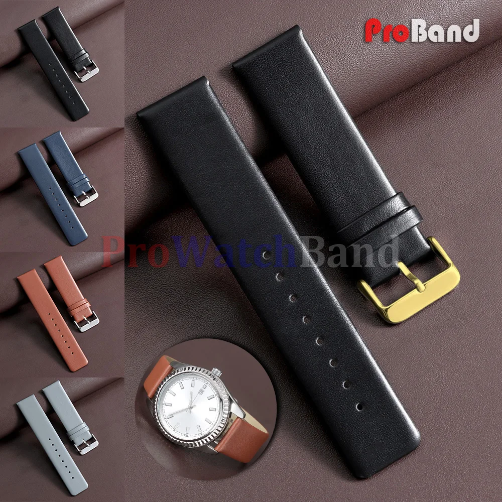 Pulseiras de Relógio de 18mm, 20mm, 22mm em Couro Genuíno Preto, Marrom, Cinza e Azul, Pulseira Universal Macia para Homens e Mulheres com Fivela Dourada para Smartwatch