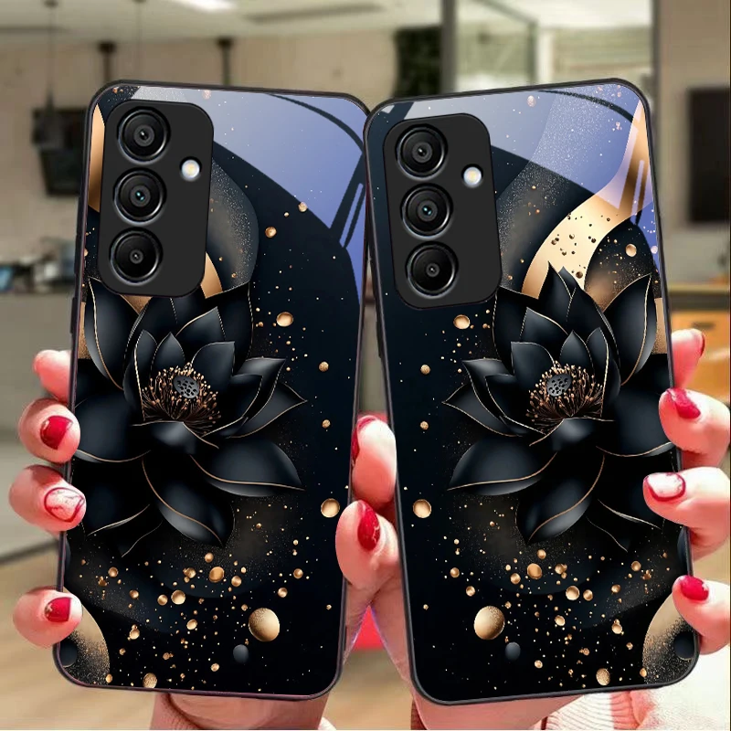 Totem de lótus dourado preto para Samsung A20 30 A22 23 24 25 26 31 32 33 A34 35 42 50 51 52 53 54 55 56 70 71 72 73 capa de telefone de vidro