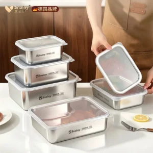 Crisper de Cozinha em Aço Inoxidável 316L Snainy -40 ℃   Organizador de Geladeira com Tampa de PE Resistente ao Congelamento, Caixa de Preservação de Alimentos de 750~3200ML