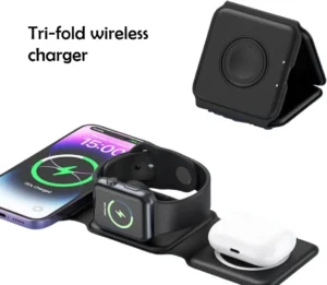 Banco de potência magnético dobrável 3 em 1 de 15 W e carregador sem fio – Carregamento de carro, carregamento rápido Apple, revestimento de óleo de borracha em spray