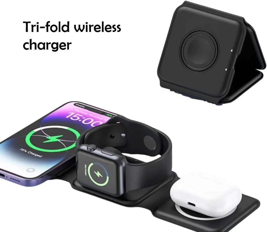 Banco de potência magnético dobrável 3 em 1 de 15 W e carregador sem fio – Carregamento de carro, carregamento rápido Apple, revestimento de óleo de borracha em spray