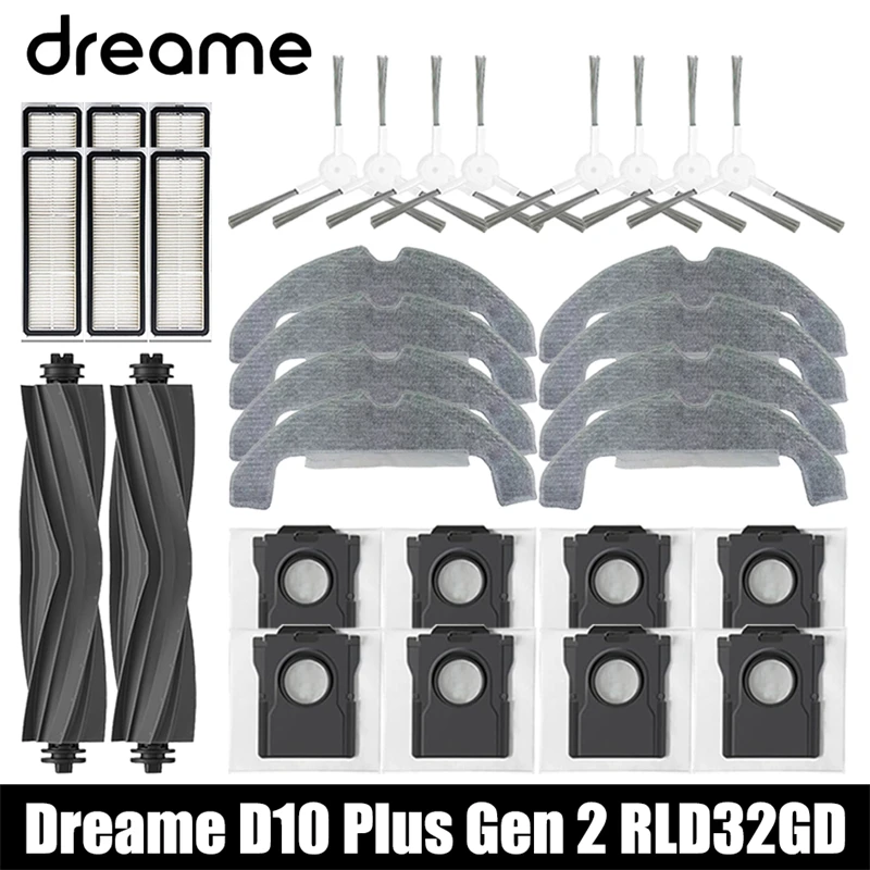 Acessórios para Aspirador Robô Dreame D10 Plus Gen 2 RLD32GD: Escova Principal, Escova Lateral, Filtro HEPA, Panos de Limpeza, Saco de Poeira, Peças de Reposição