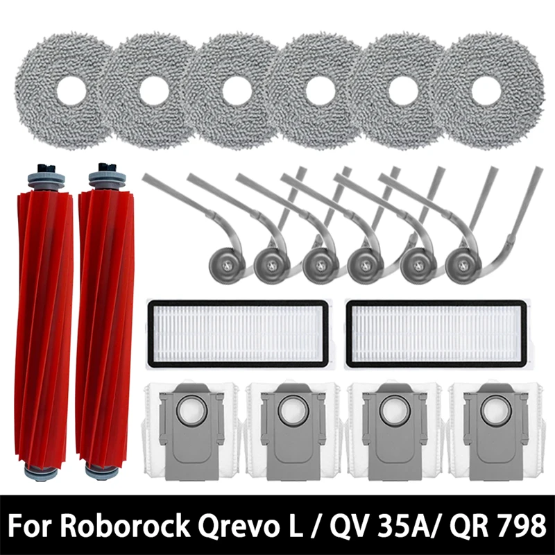 Acessórios para Aspirador Robô Roborock Qrevo L / QR 798 / QV 35A / QR 598: Escova Principal, Escova Lateral, Filtro HEPA, Pano de Limpeza e Saco de Pó