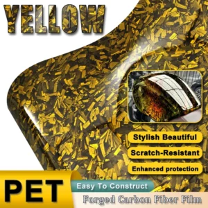 Vinil Adesivo de Fibra de Carbono Forjado PET Amarelo de Alto Brilho, Película Decalque com Adesivo de Liberação de Ar para Carro e Moto, Mudança de Cor e Anti-