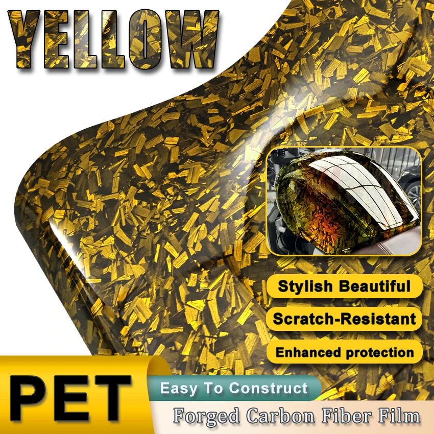 Vinil Adesivo de Fibra de Carbono Forjado PET Amarelo de Alto Brilho, Película Decalque com Adesivo de Liberação de Ar para Carro e Moto, Mudança de Cor e Anti-