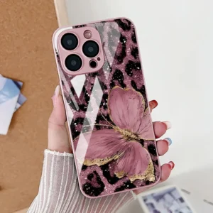 Borboleta leopardo impressão caso de telefone para iphone 17 16 14 13 11 12 15 pro max ar 16e 8 7 plus xr se vidro temperado capa de silicone